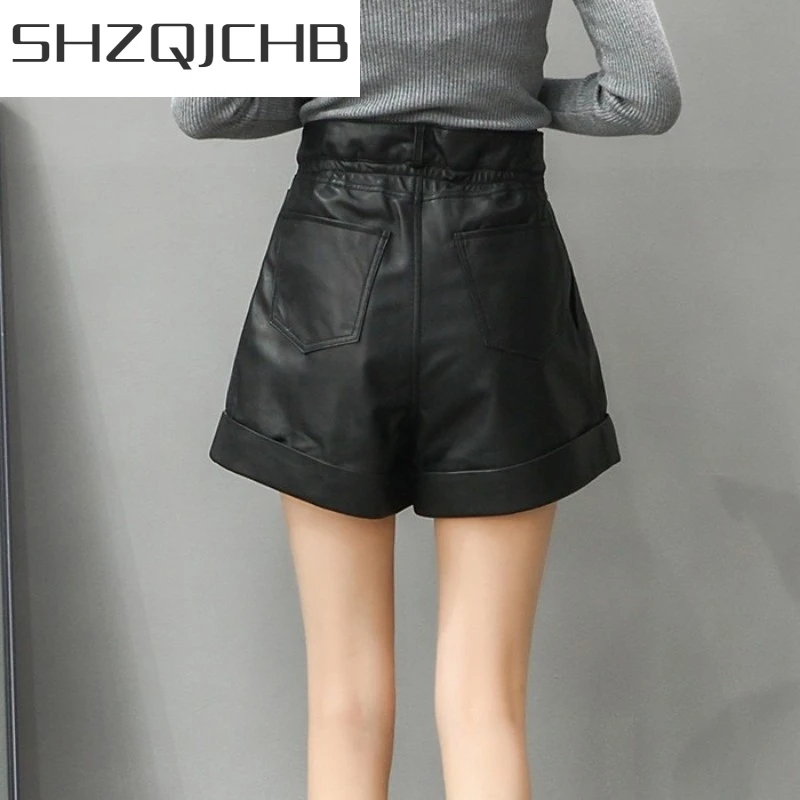 

JCHB 2021 100% Genuine Leather Shorts Women Autumn Top Quality High Waist Trousers Wide Leg Shorts Plus Size Street Motorcycle M