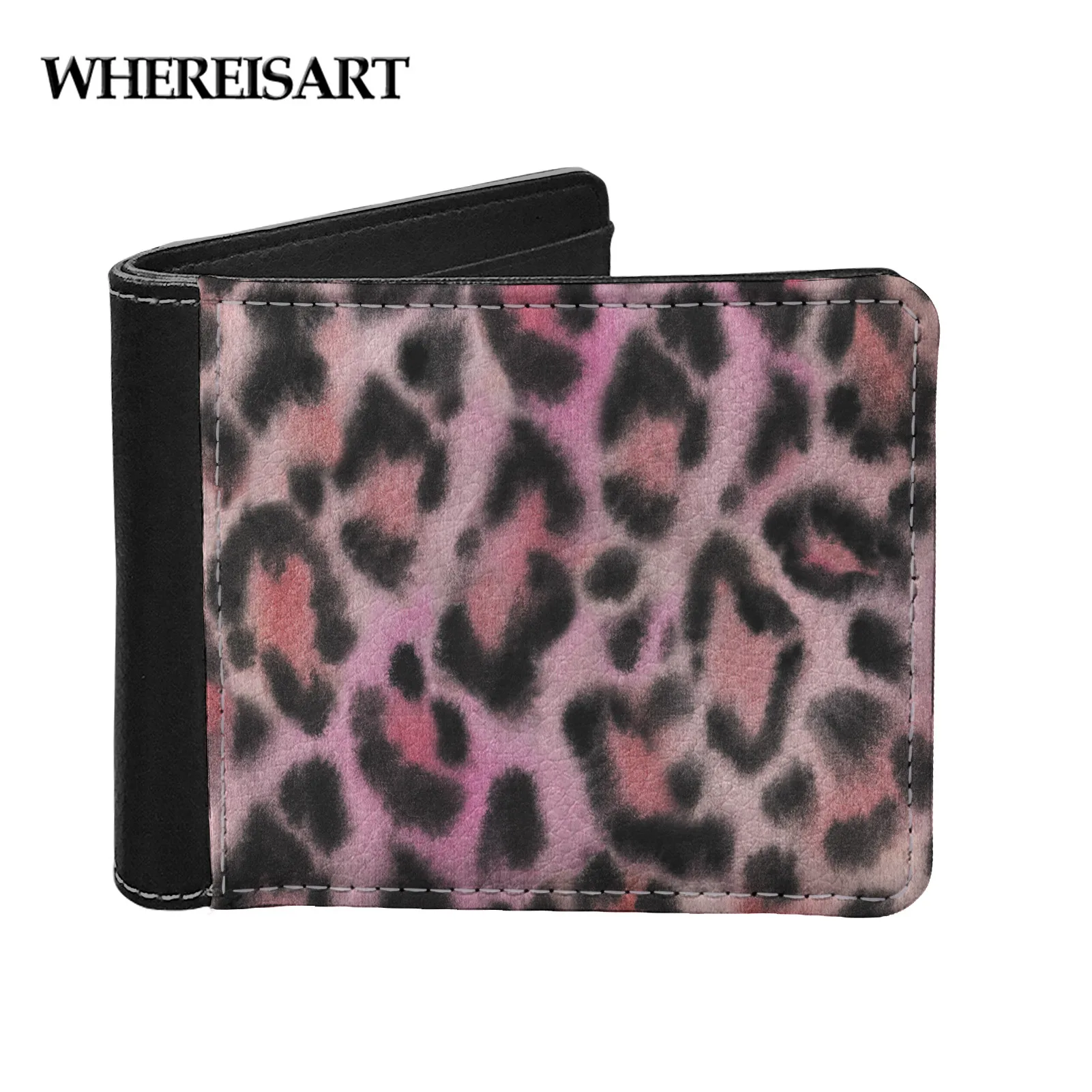 

WHEREISART Pink Leopard Design Mens Luxury Leather Wallet Small Coin Purse for Men Credit Bank ID Card Holder Personality