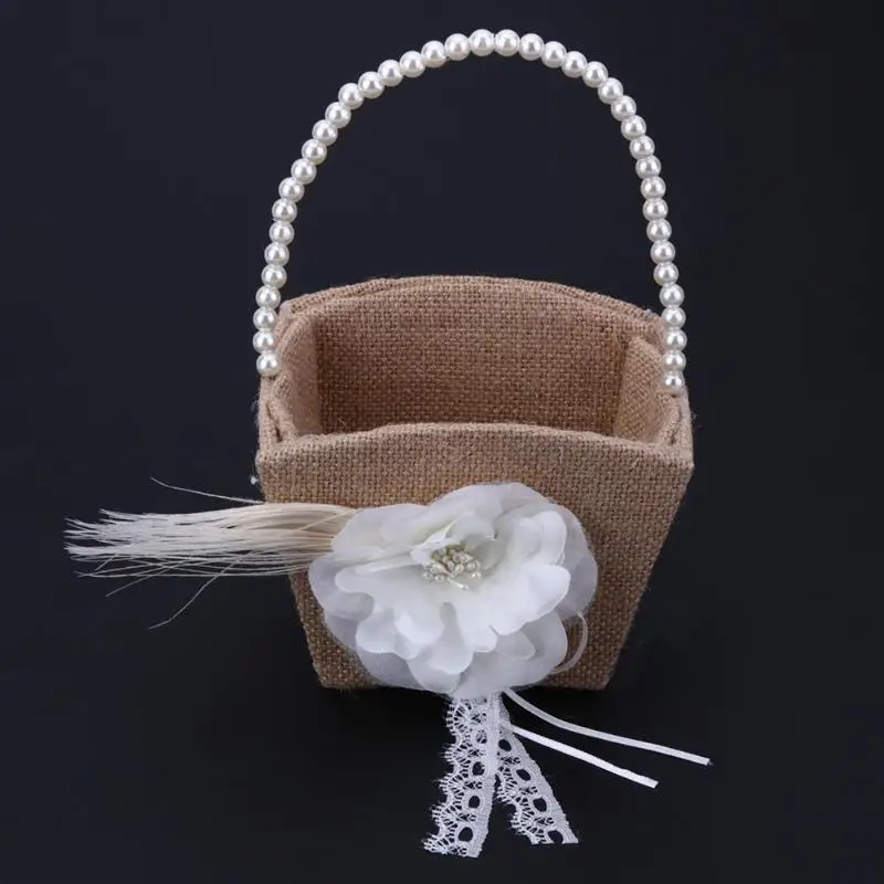 Джутовая корзина для цветов в стиле ретро кружевная свадебная с жемчугом и
