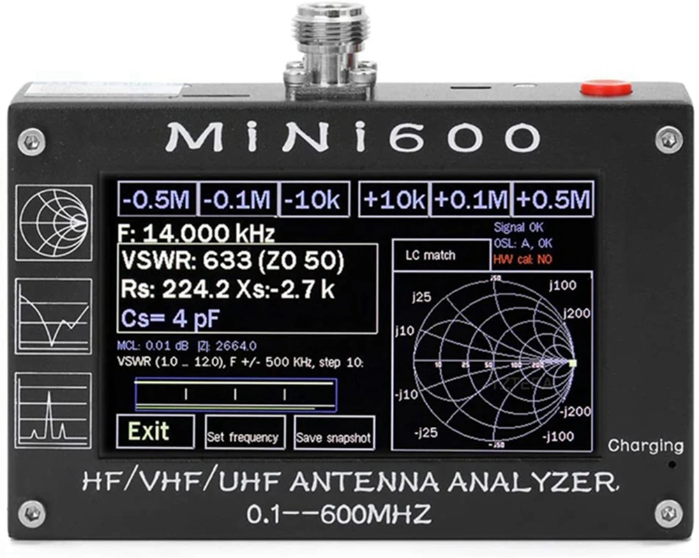 

FUMSER MiNi600 Antenna Analyzer, 5V1.5A HF VHF UHF 0.1-600MHz Frequency Counter SWR Meter 1.0-1999 with 4.3" TFT LCD TouchScreen