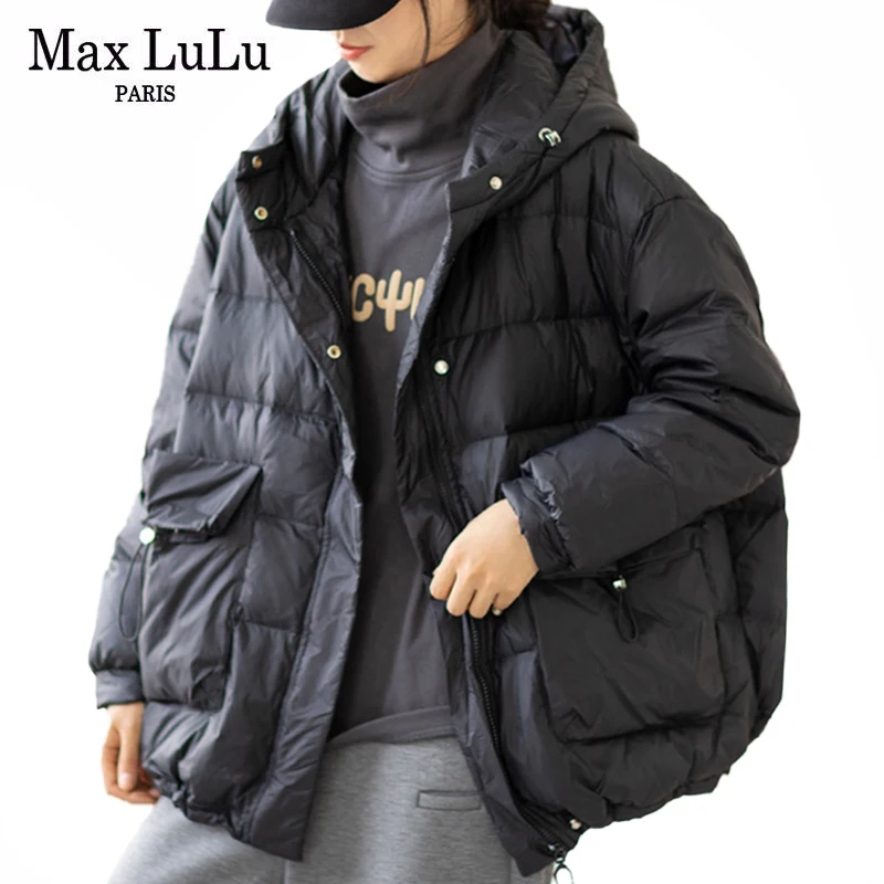 

Max LuLu New 2021 Winter Womens Hooded Solid Warm Duck Down Jacket British Style Ladies Loose Casual Padded Parkas Elegant Coat