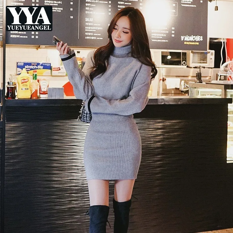 Зимнее платье-свитер для женщин Модный женский простой пуловер с высоким воротом