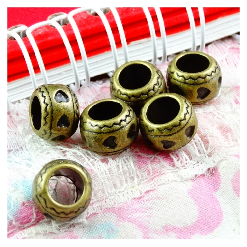 

40pcs Hearts Beads 6.5mm big hole Vintage Charms pendant fit for bracelet DIY Antique Bronze color Fit Making