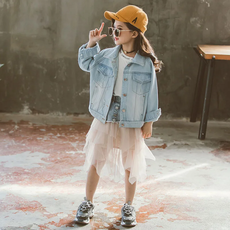 Fashion Girls Jackets For Autumn 2020 Children Jeans Coats Ripped Flower Clothes Teenage Turn-down Collar Denim Tops 6 8 12 Fall | Детская