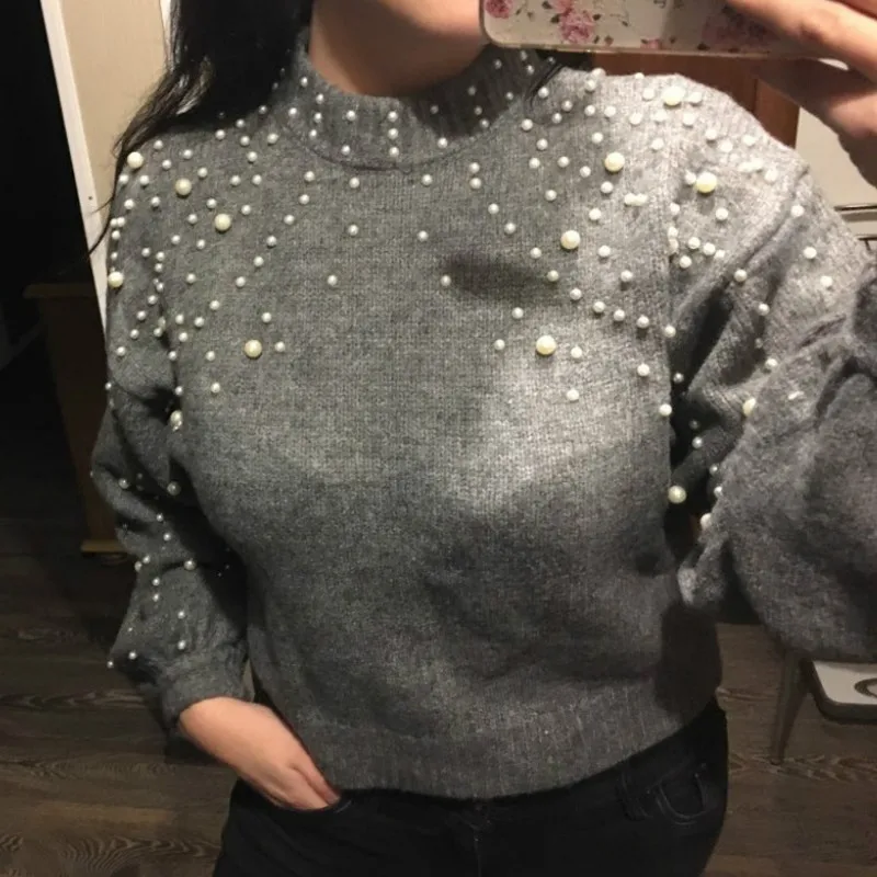 

Women Luxury Beading Pullovers Loose Pearls Sweater Hand Knitted Lantern Sleeve Shirts High Waist O-Neck OL Tops Mujer Sueter