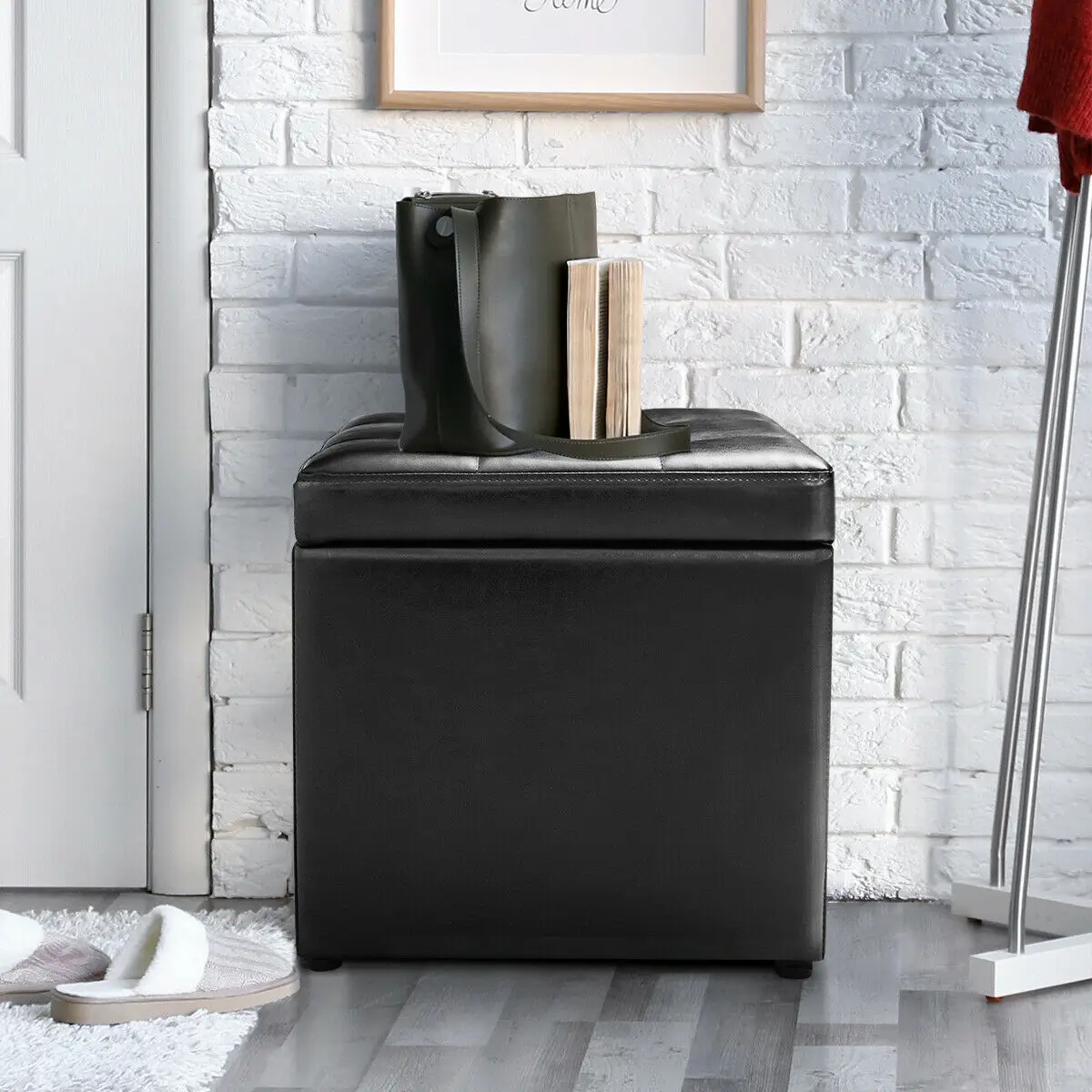 Costway 16'ɼube Ottoman Pouffe Storage Box Lounge Seat Footstools with Hinge Top black | Мебель