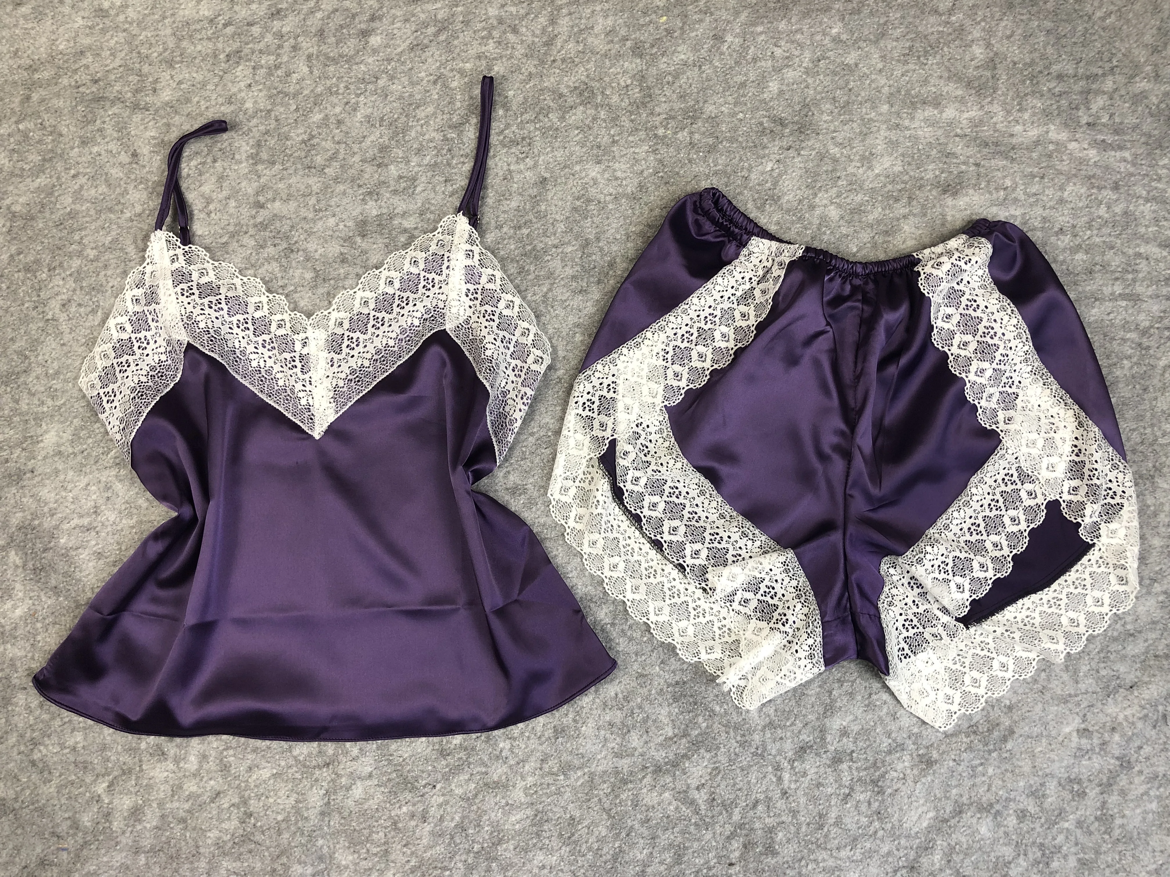 

Women's Sleepwear Sexy Satin Pajama Set White Lace V-Neck Pyjamas Sleeveless Cute Cami Top and Shorts