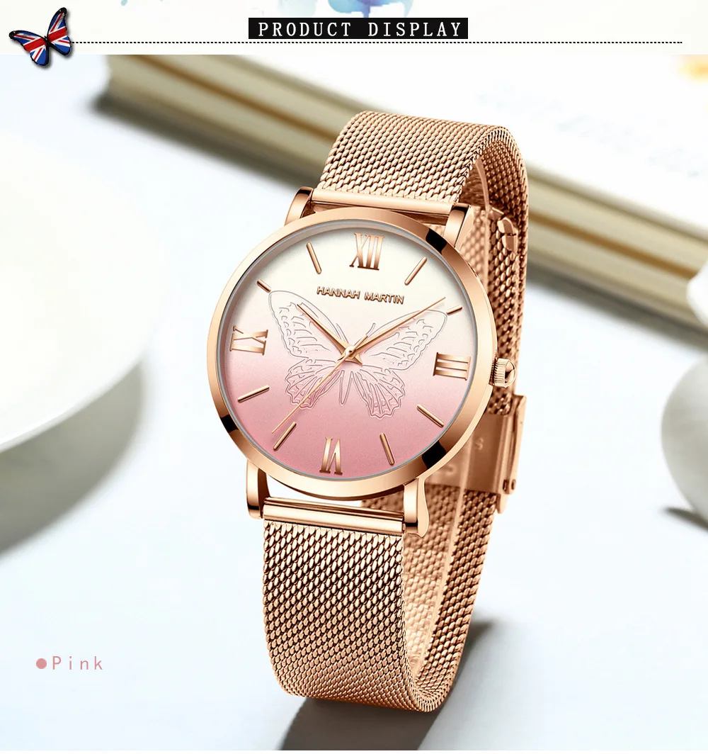 Relogio Feminino,, Топ бренд, роскошные женские японские кварцевые часы, 3D, розовая бабочка, часы из нержавеющей стали, водонепроницаемые наручные часы