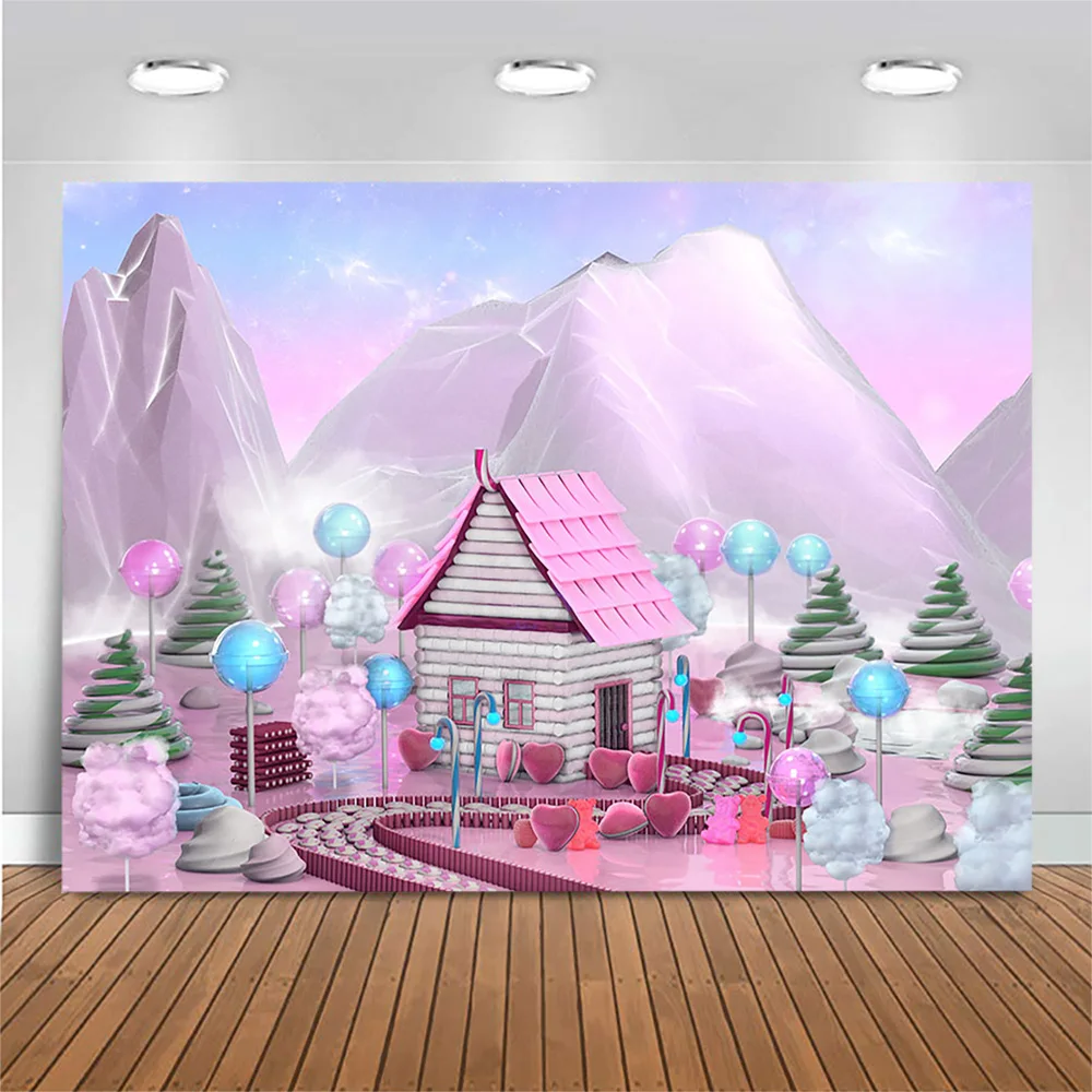 

Mocsicka Pink Candyland Castle Birthday Backdrop Photography Lollipop Newborn Baby Shower Party Photo Background House Mountain