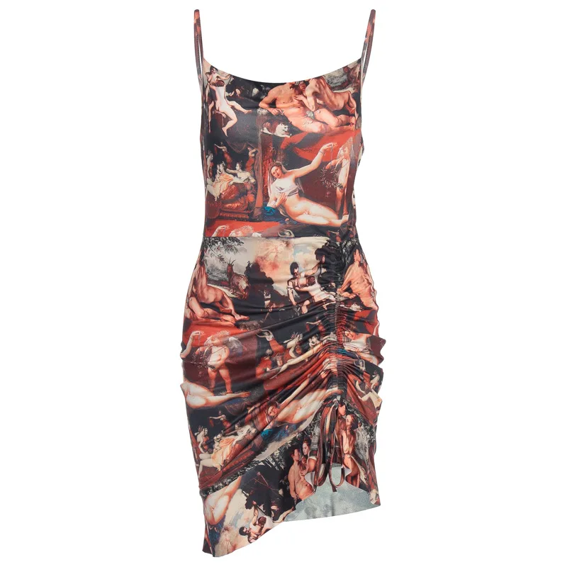 

Printed Halter Strap Dress Square Collar Long Sleeve Mesh See Through Bodycon Party Mini Dresses Women Basic Female Outfits Club