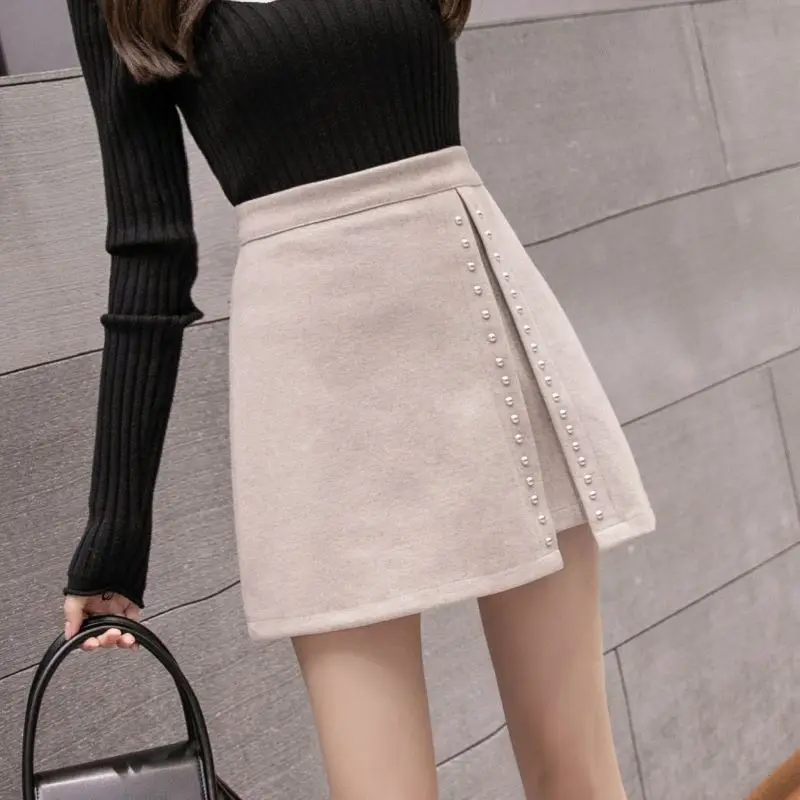 

2021 New Autumn Winter High Fashion Rivet Woolen Skirt Women High Waist Irregular Side Split Short Mini Skirts Y358