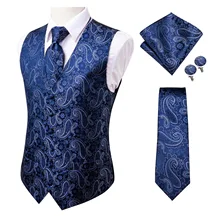 2021new oi tie 20 coletes masculinos de seda e gravata negócios vestidos formais fino colete 4pc botões de punho hanky para terno azul paisley (2)