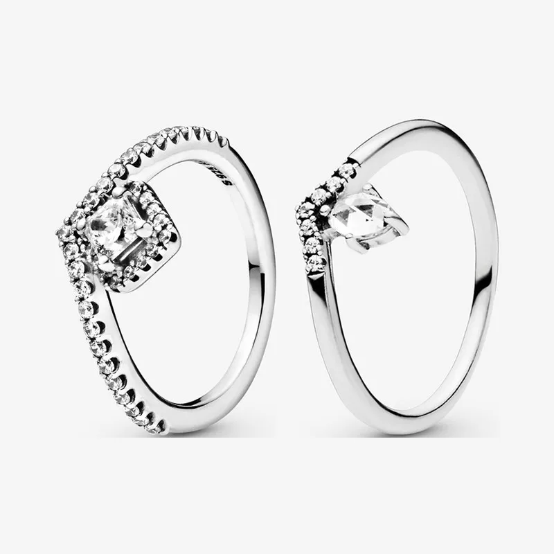 

Authentic 925 Sterling Silver Shiny Square Wishing Bone Cz Ring For Women's Engagement Jewelry Anniversary