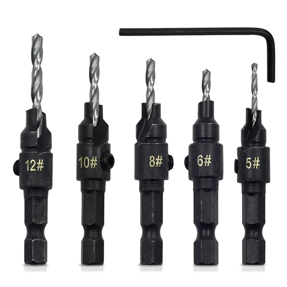 

4/5pcs Countersink Drill Bit Set Wood Tools Woodworking Drill Bit Pilot Holes Hex Shank Screw Size #5 #6 #8 #10 #12 With Wrench