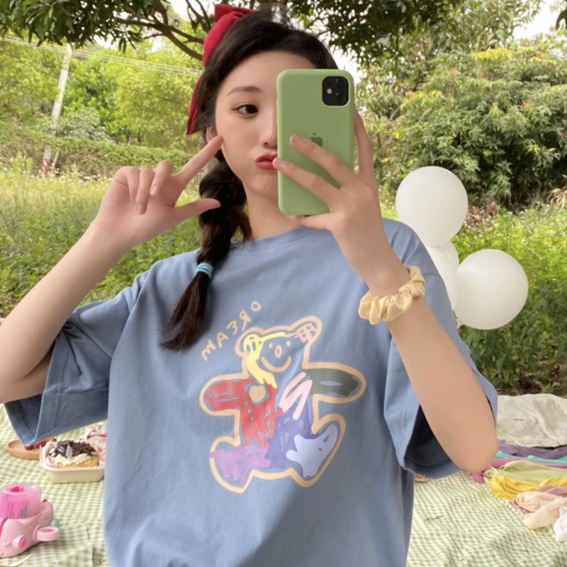 

2021 Solid T Shirts Women Summer Cartoon pattern O Neck Short Puff Sleeve Female Tops Loose Casual Cotton Ladies Tees