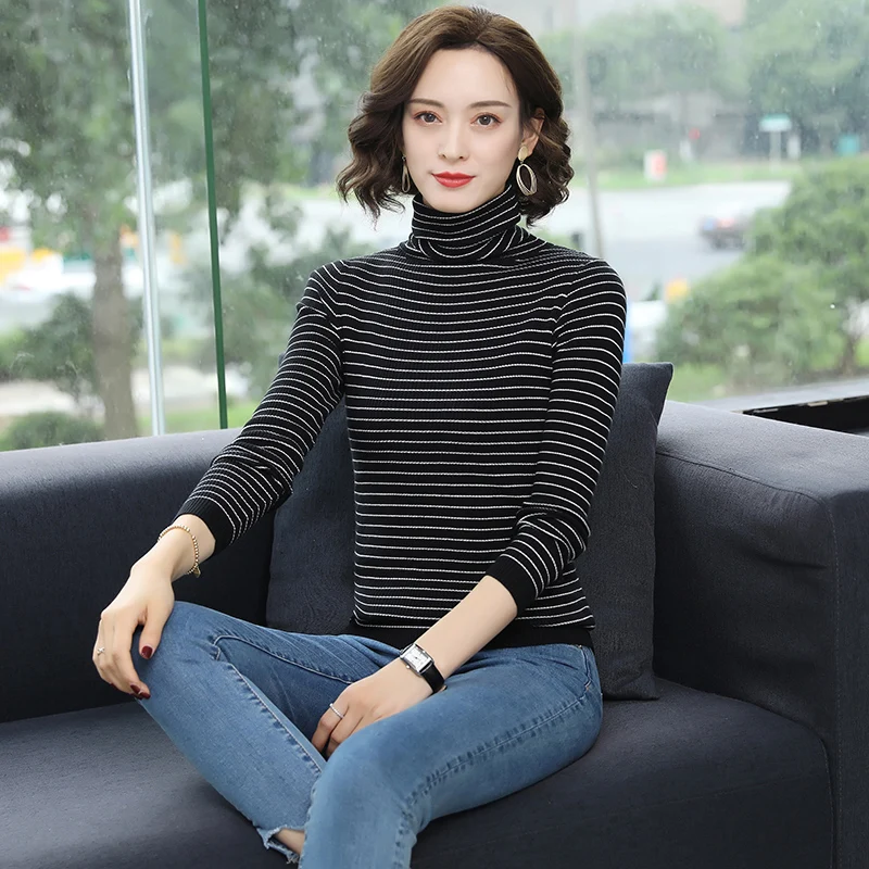 Women Turtleneck Cashmere Sweaters Elegant Lady High Collar Striped Slim Basic Sweater Pullovers | Женская одежда