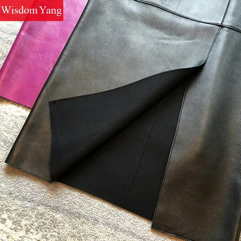 Sheep Skin Genuine Leather Wrap Skirts Womens Long High Waist Autumn Black Purple Midi Pencil Skirts Party Sexy Korean Dress