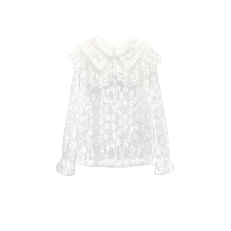 

Sweet Lace Blouses Women Transparent Hollow Out White Tee Shirts Blouses Girls Full Flare Sleeve Tops Shirts Clothing Female
