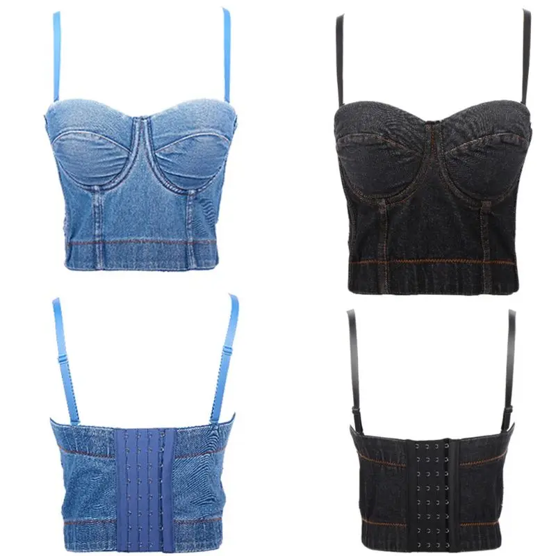 Женский укороченный топ с отстегивающимися бретелями в стиле ретро Джинсовый