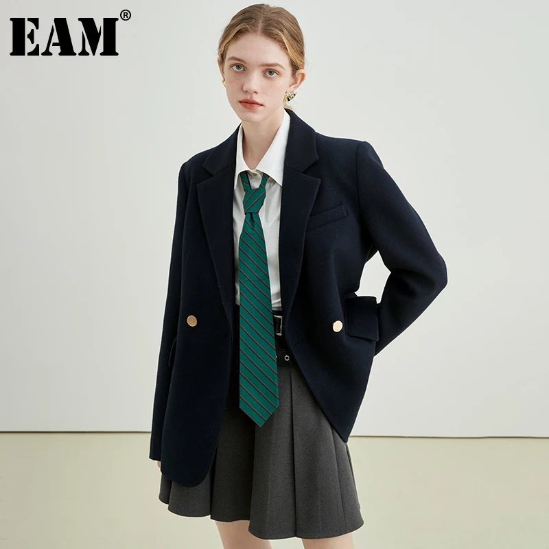 

[EAM] свободное шерстяное пальто с вышивкой в морском стиле, большие размеры, парки, новинка, Женская мода с длинным рукавом, Осень-зима 2022, 1DE4342