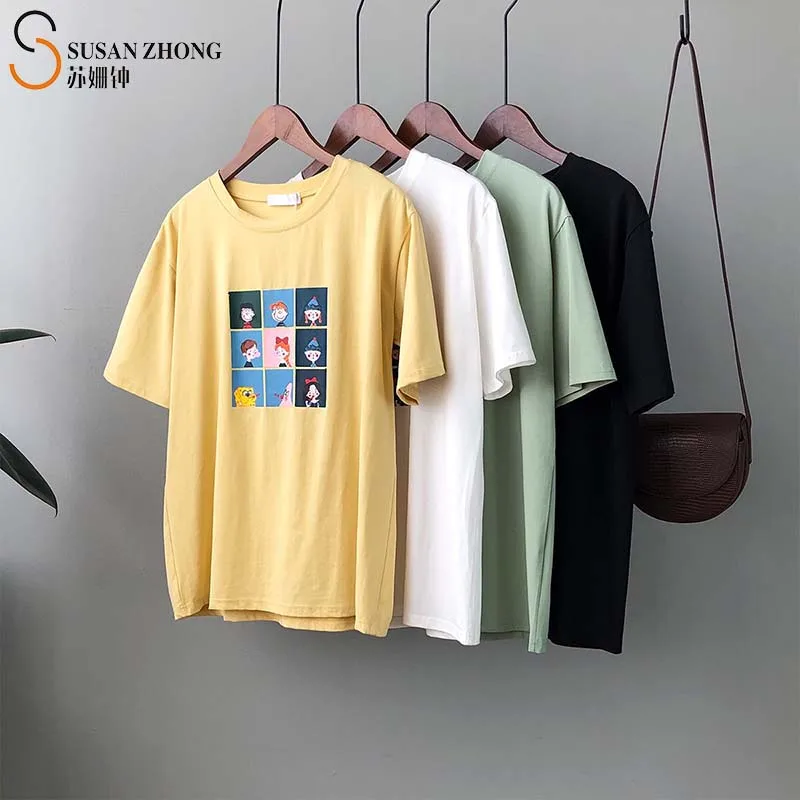 

Women Short Sleeve T-Shirt Female Tops 2021 Spring Summer Cozy Casual Straight Round Neck Cotton Stretch Cartoon Comics Print