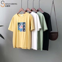 women short sleeve t shirt female tops 2021 spring summer cozy casual straight round neck cotton stretch cartoon comics print