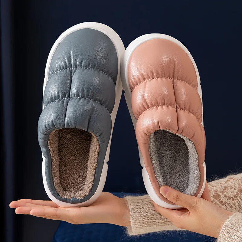 

Winter Slippers for Men Indoor Outdoor Warm Home Shoes Autumn PU Waterproof Soft EVA Thick Sole Plush Women Couples Slides 2021