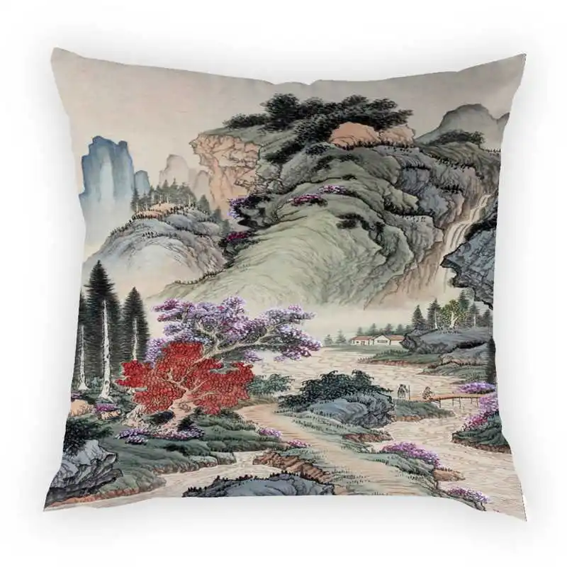 Nature Landscape Chinese Style Cushion Cover Waterfall Lake Deciduous Forest Car Home Decorative Peach Skin Pillow Cases 45*45cm | Дом и сад