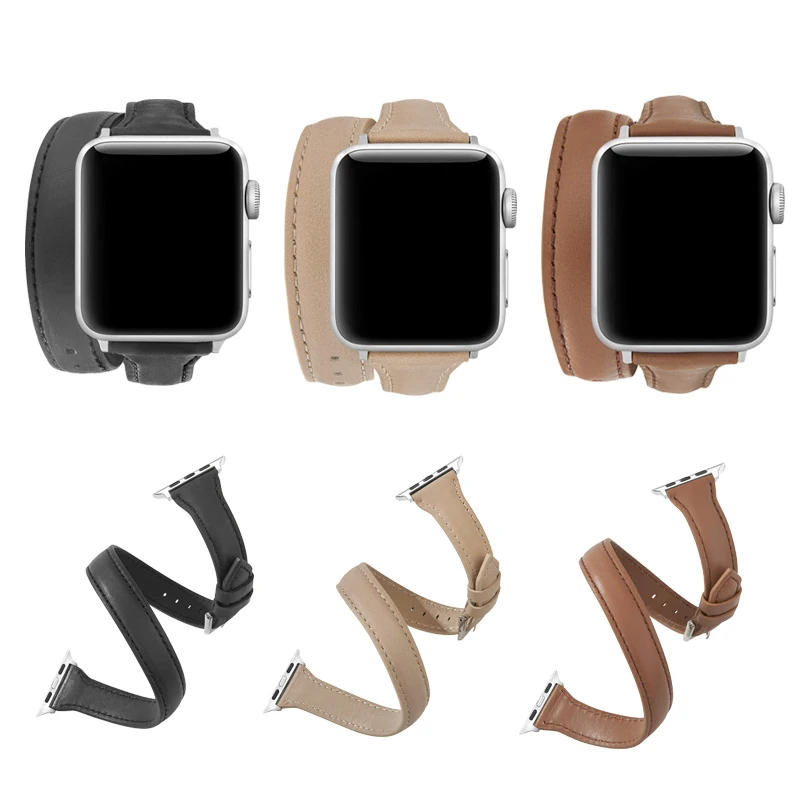 Leather Loop Double Tour for Apple Watch Band Series SE 6 5 4 3 2 1 Extra-long Strap for iwatch 40mm 44mm 42mm 38mm