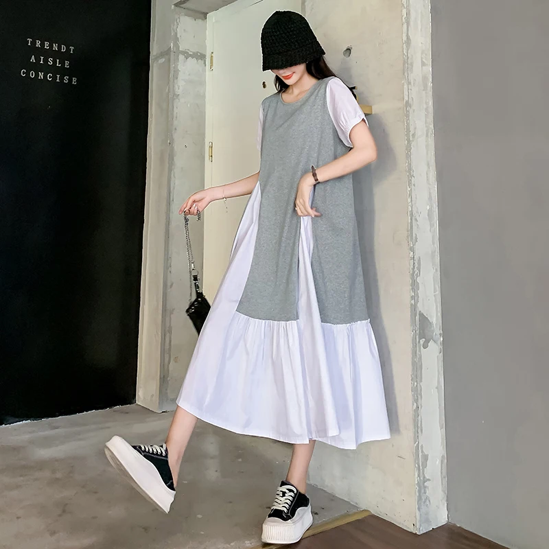 

Женское Свободное платье с коротким рукавом, Летнее Длинное платье большого размера с принтом в Корейском стиле