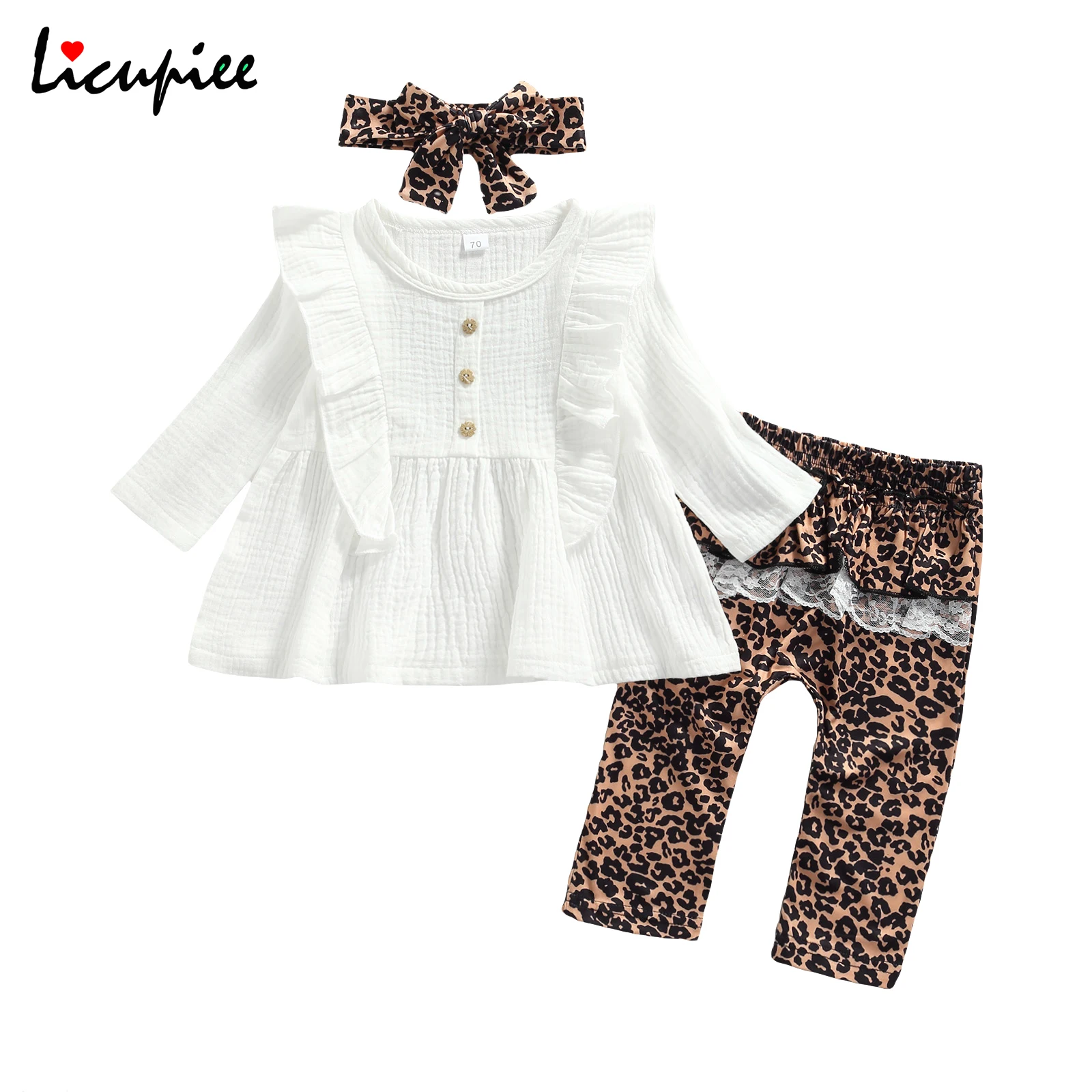 

Комплект одежды Bayb для девочек 0-24 месяцев, осенняя одежда для маленьких девочек, топ с длинными рукавами, пуговицами и оборками, штаны с леоп...