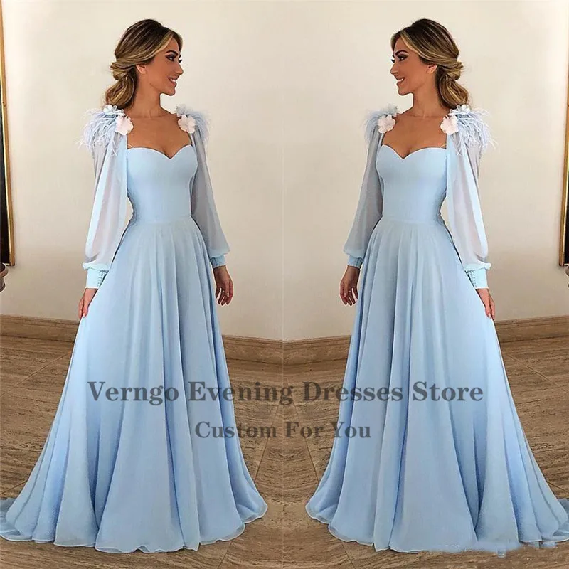Verngo Elegant Light Sky Blue Evening Dresses 2021 Puff Long Sleeves 3D Flowers Feather A Line Prom Gowns Formal Party Dress | Свадьбы и