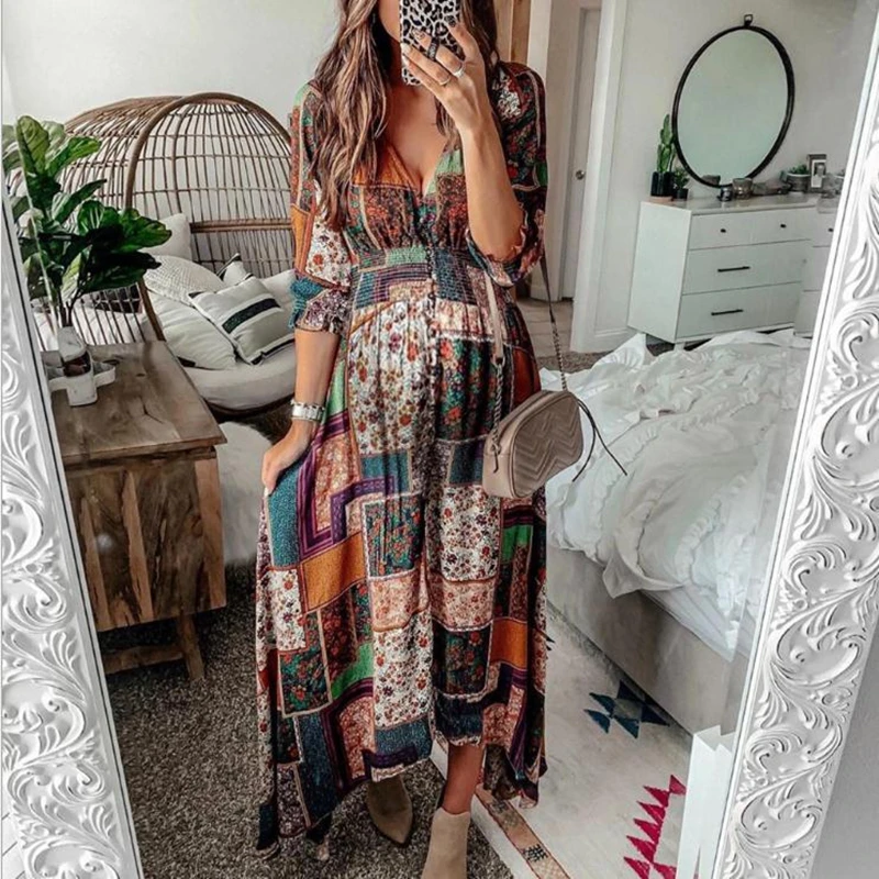 

2021Spring Summer New Maternity Long Dress Maternity Printing Folding Elegant Maternity Long Dress Plus Size