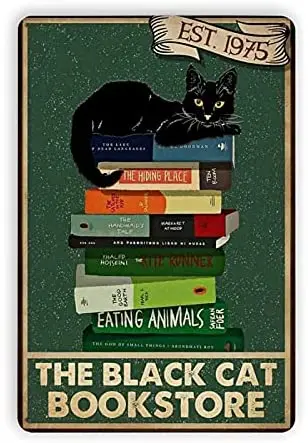 

12X8 Inch Tin Signs Black Cat Bookstore Reading Retro Metal Tin Signs Vintage Style Sign Wall Plaque Art Decoration Mural Funny