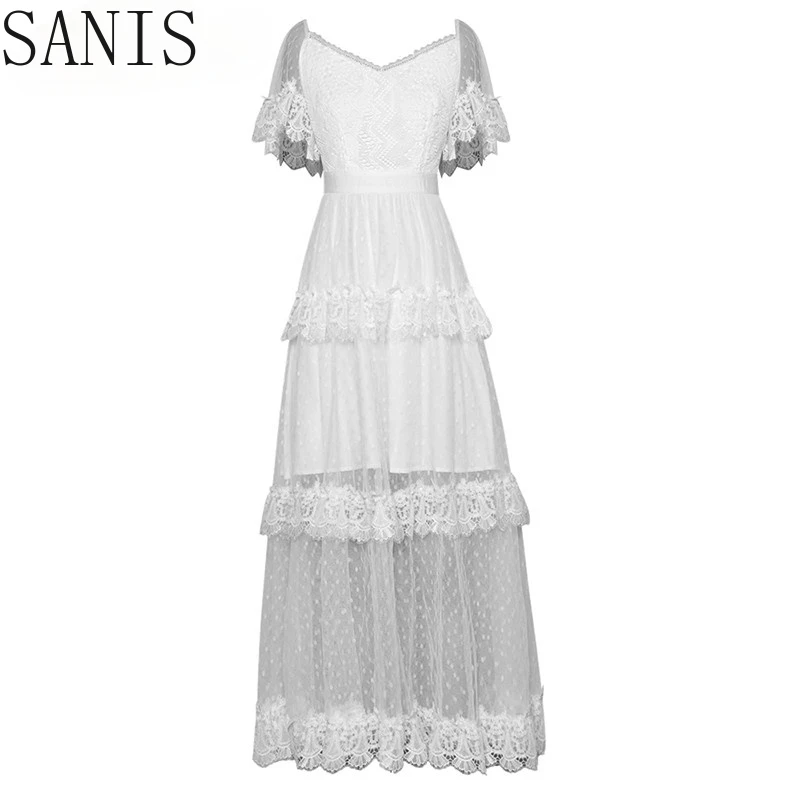 

Sanis New 2021Fashion Runway Summer Sexy Black Dress Women V-neck Backless Mesh Dots Print Lace Patchwork Elegant Party Dress