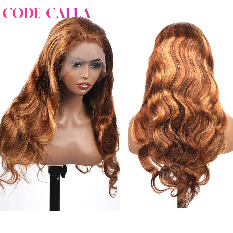 

Highlight Wig Human Hair Honey Blonde Body Wave Wigs Brazilian Ombre Brown 4/27 Remy Pre Plucked 4x4 Lace Closure Wig for Women