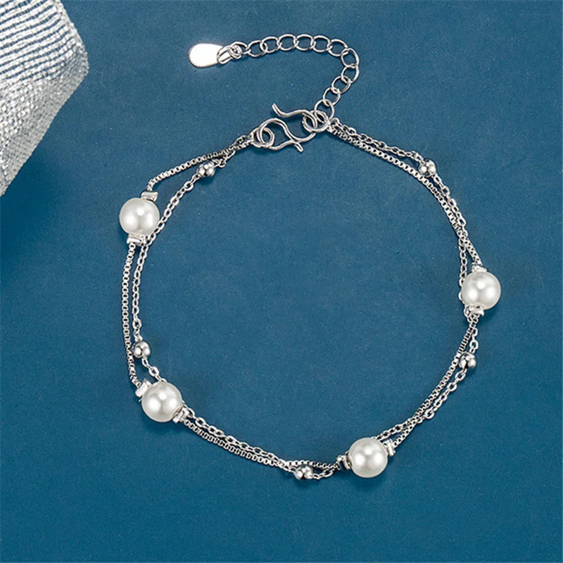 

Модный браслет из стерлингового серебра 925, Женский двухслойный браслет с цепочкой, аксессуары на запястье, модный браслет с жемчугом для де...