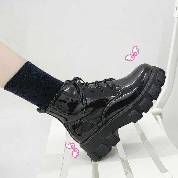 

Botas Women Motorcycle Ankle Boots Wedges Female Lace Up Platforms British Style Black Leather Shoes Woman 2021 Botas Mujer
