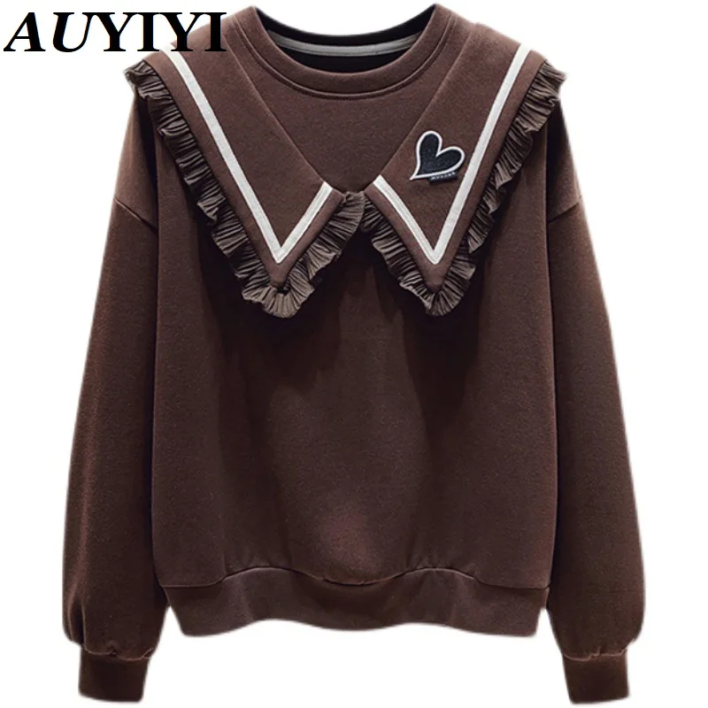 

AUYIYI 2021 Осень-Зима Новинка модный и элегантный кукольный Воротник Толстые складки с оборками Love Свободный пуловер свитер для женщин