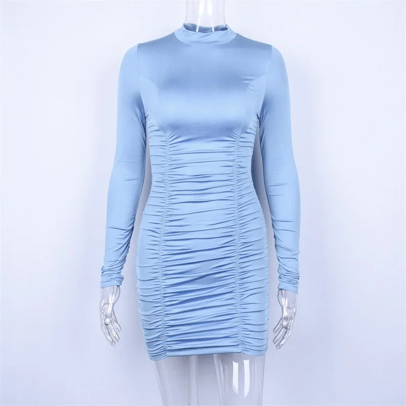 

satin long sleeve high neck bodycon sexy mini dress 2021 autumn winter women fashion party elegant clothes vestido de mujer