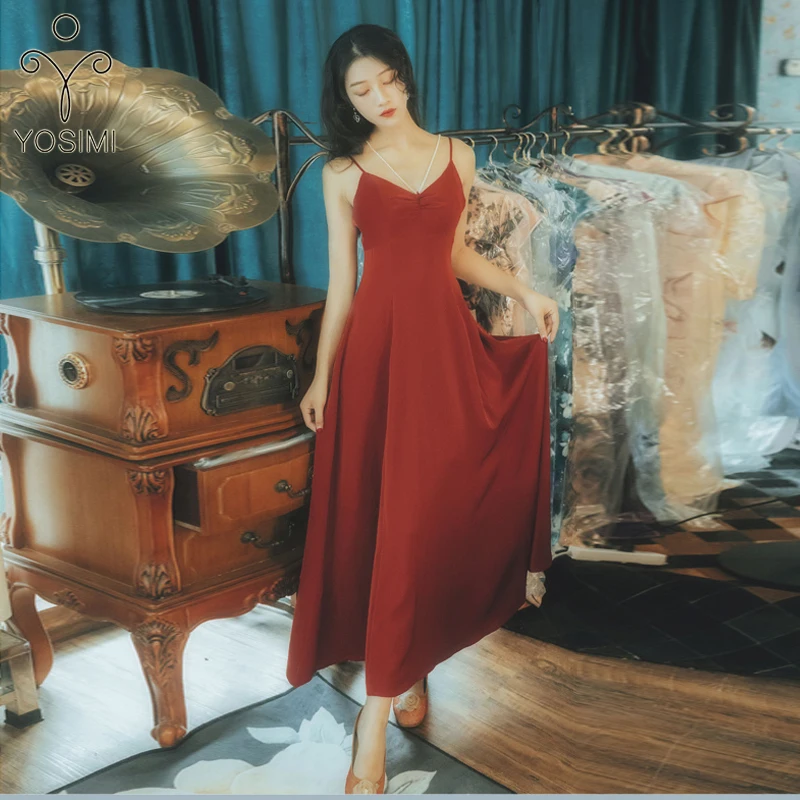 YOSIMI 2019 летнее красное сексуальное женское платье без рукавов с открытой спиной и