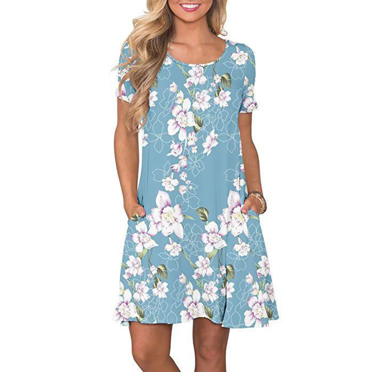 

2021 New Summer Women's Printed Stitching Dress Short Sleeve Round Neck Pocket Dress Daily Commuter Casual Skirt S-2XL