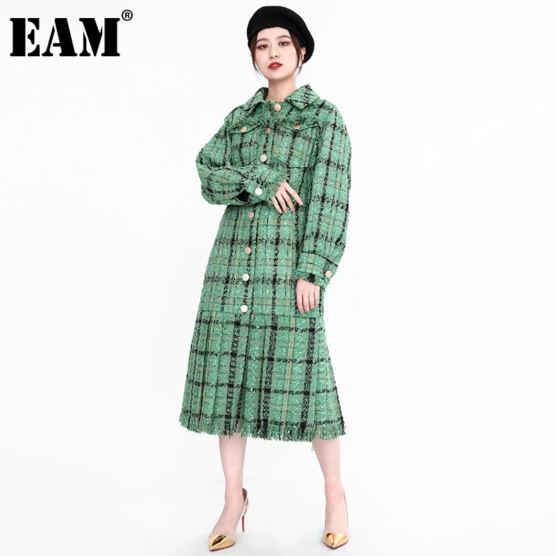 

[EAM] Loose Fit Green Lurex Plaid Tassels Long Woolen Coat Parkas New Long Sleeve Women Fashion Tide Autumn Winter 2021 A409