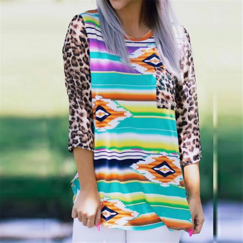 

Autumn Tops Tee Women Fashion Geometric Printed Tshirt Lady Top Leopard T Shirt Women Three Quarter Top Multicolor T-shirt