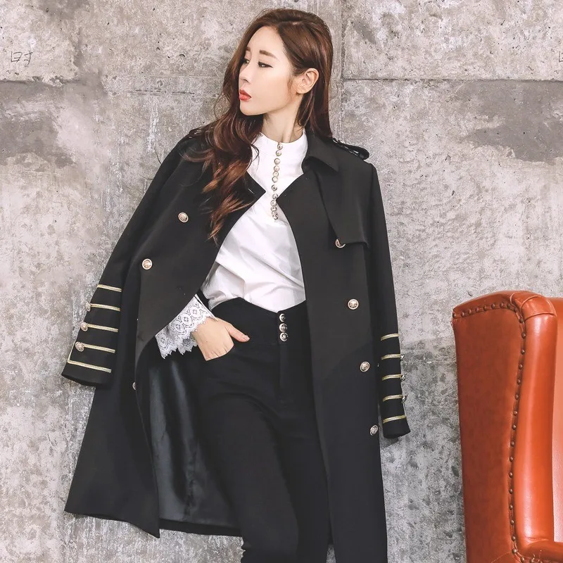 

Autumn Women Fashion Double Breasted Long Trench Coat Court Epaulet Military Overcoat Mid Wind Coat BF Vintage Manteau Femme