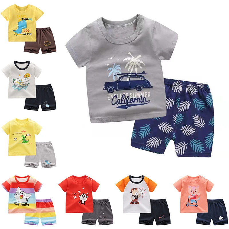 

2-8Y 2pcs / Set Boys Girls Clothing Suits Summer Cartoon Cotton Short Sleeve Sweatshirt + Shorts