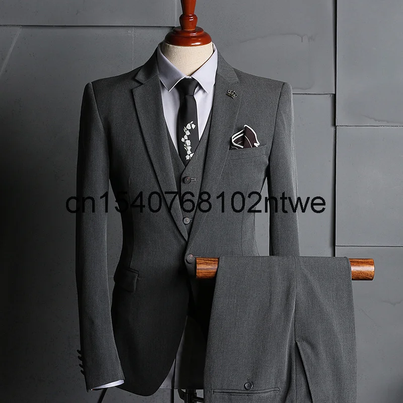 

Мужской повседневный деловой однотонный костюм, мужской свадебный костюм-тройка, корейский облегающий профессиональный костюм