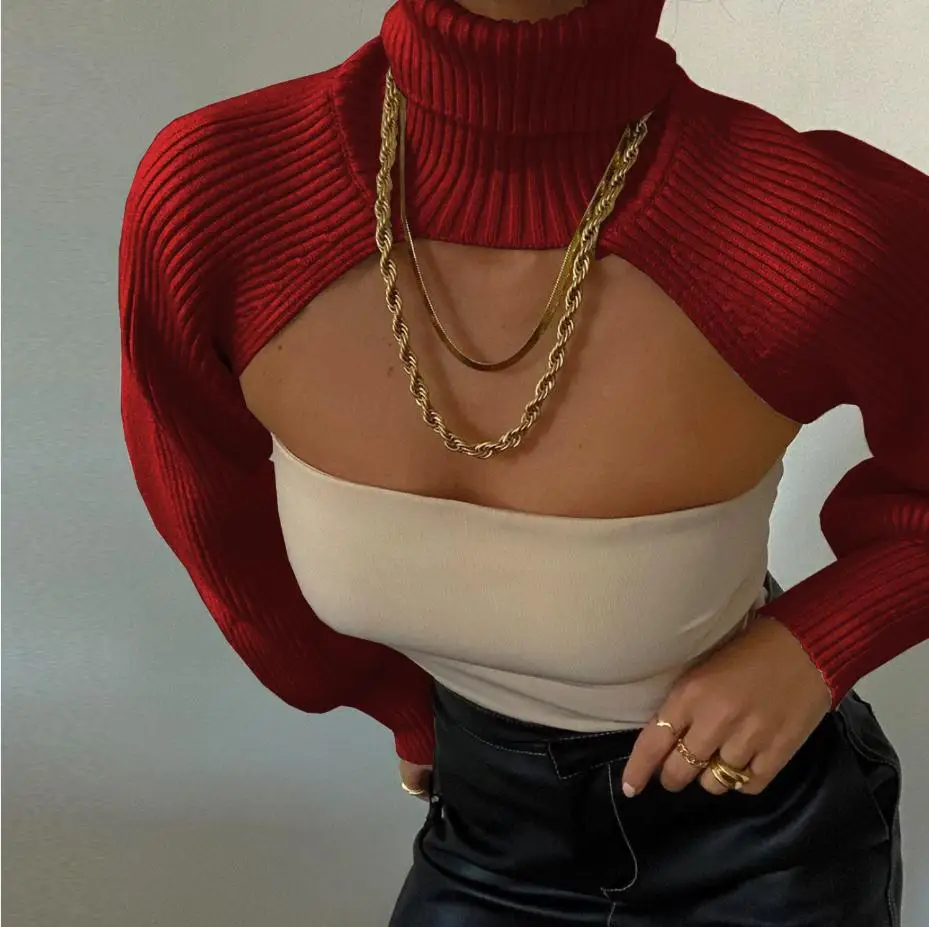 

Sexy Women Red Knitted Turtleneck Sweater Winter Long Sleeve Chic Design Female Cropped Tops High Street Casual Daily Shawl Tops