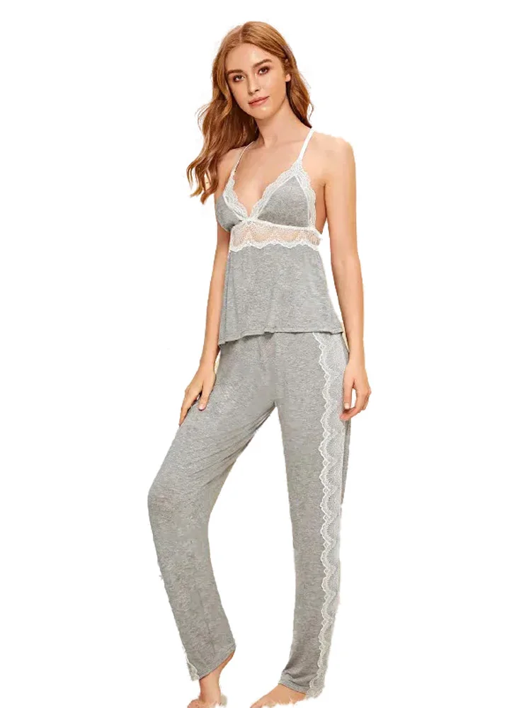 Soft modal pajama set howllow out lace sleepwear cotton nightie cute loungewear women pijama Sexy cami top long panty | Женская одежда