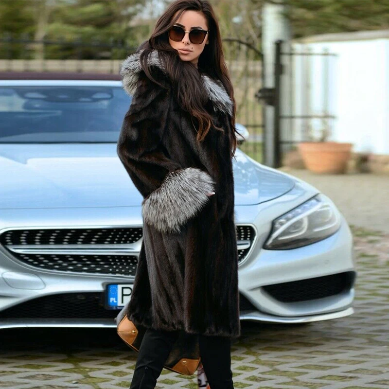 100 см длинное модное пальто из натурального меха норки с отделкой лисьего